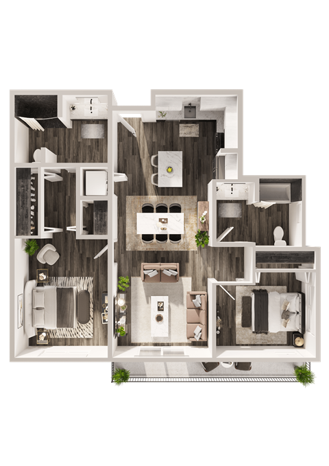 Floor plan for 2 beds, 2 baths, 1075 sqft